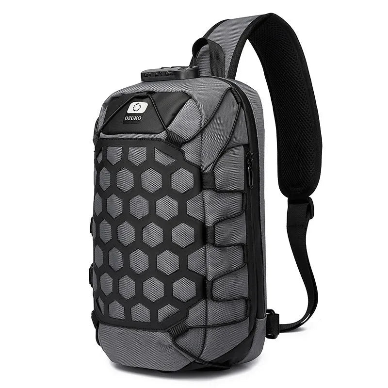 Black sports chest bag made from Oxford cloth with zipper closure and multiple internal pockets