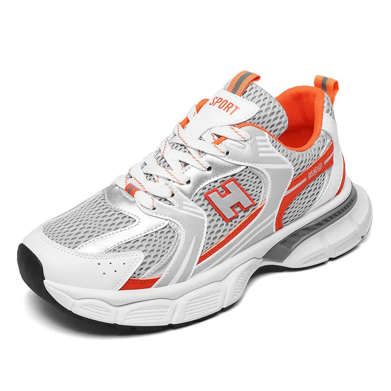 Men's mesh running shoes in black, white orange, and white and grey colours with plastic soles