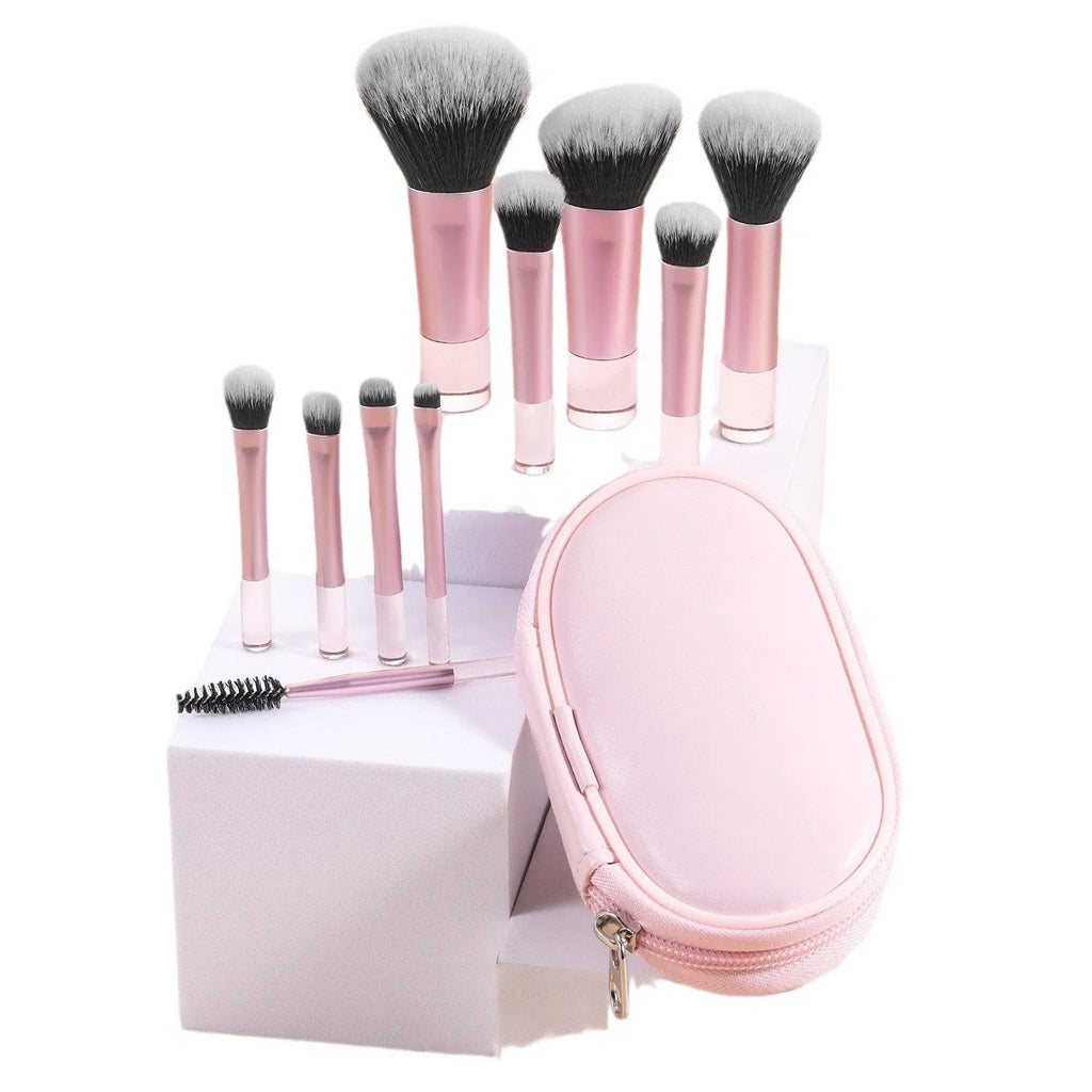 10-piece makeup brush set with crystal handles, aluminium tubes, and fibre bristles in a storage bag