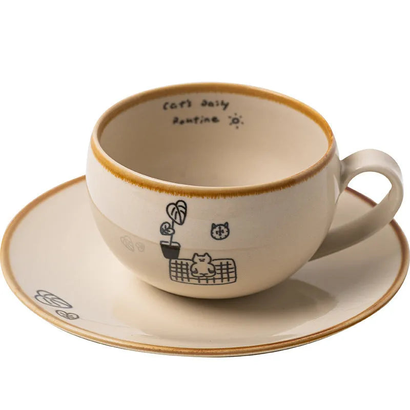 Cute cartoon Japanese cat ceramic coffee cup 250ml with rest illustration on white background