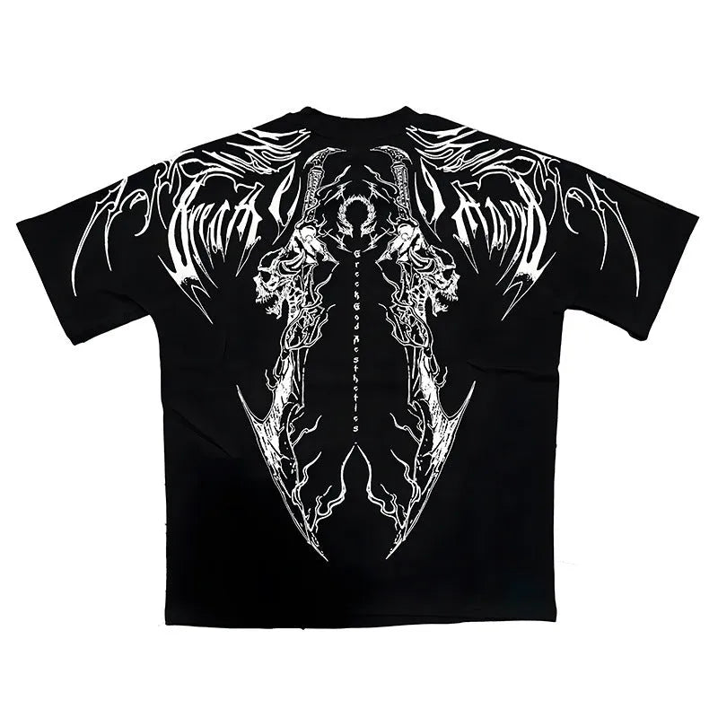 Dark loose cotton T-shirt with short sleeves and gilding detail, plus size fit