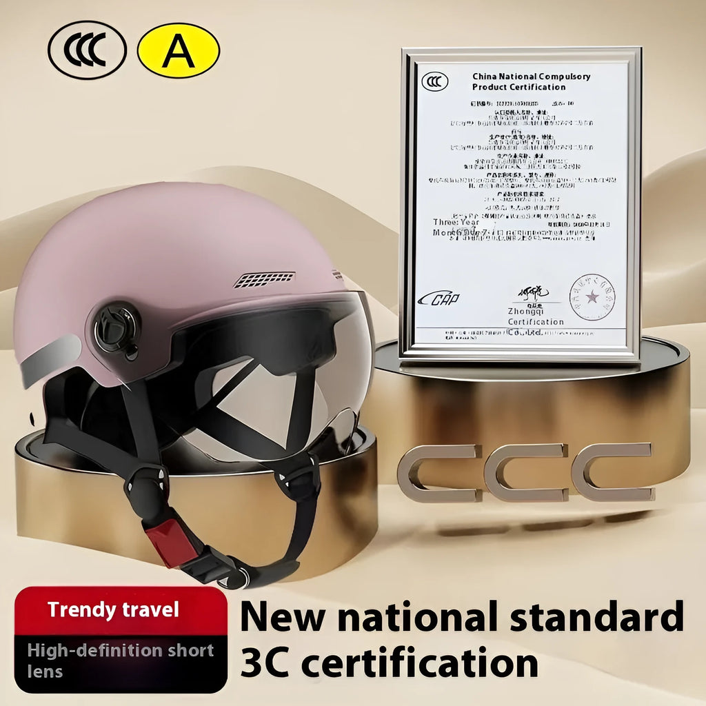 3C certified polypropylene electric motorcycle helmet shown in available colours including light pink and mocha.
