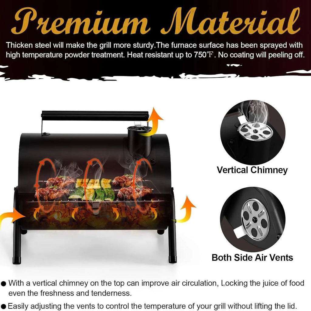 Small folding desktop charcoal barbecue grill with a single cooking grill, shown in a folded position.