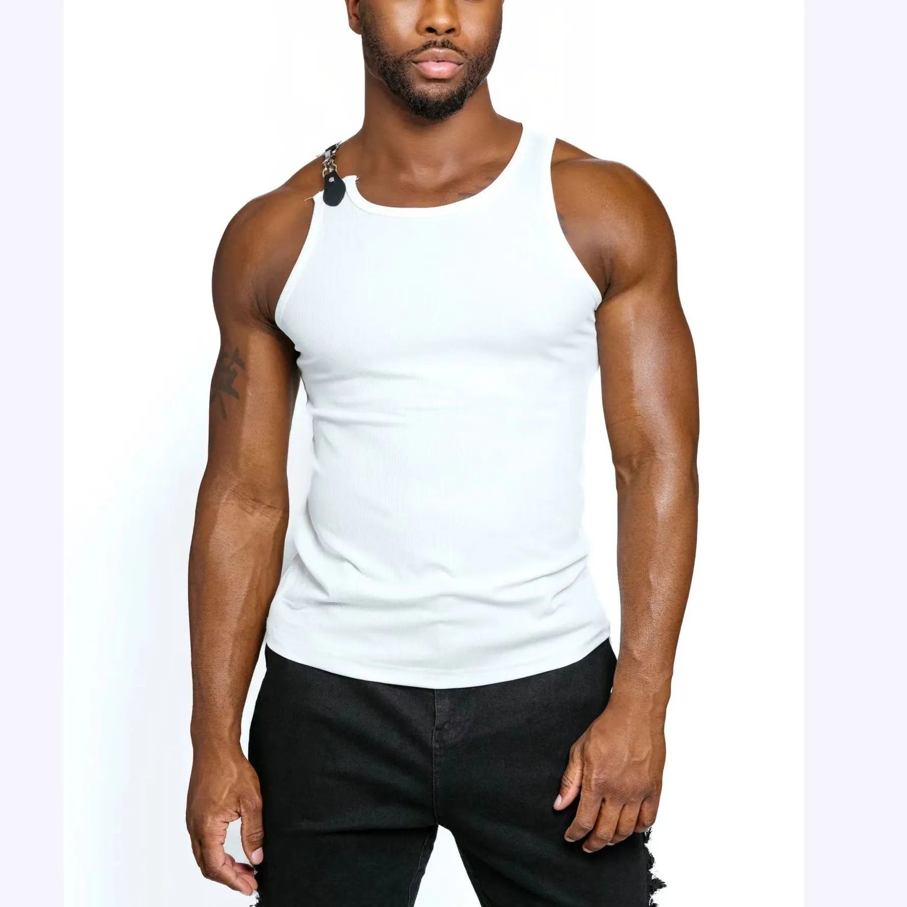 Cotton blend sleeveless vest in white or black with close-fitting design for casual summer wear