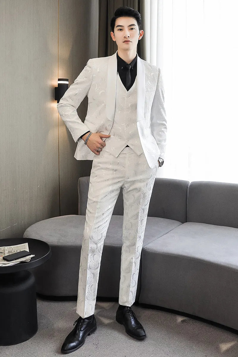 Men's wedding embossed three-piece suit in cotton blend with slim fit, white colour option