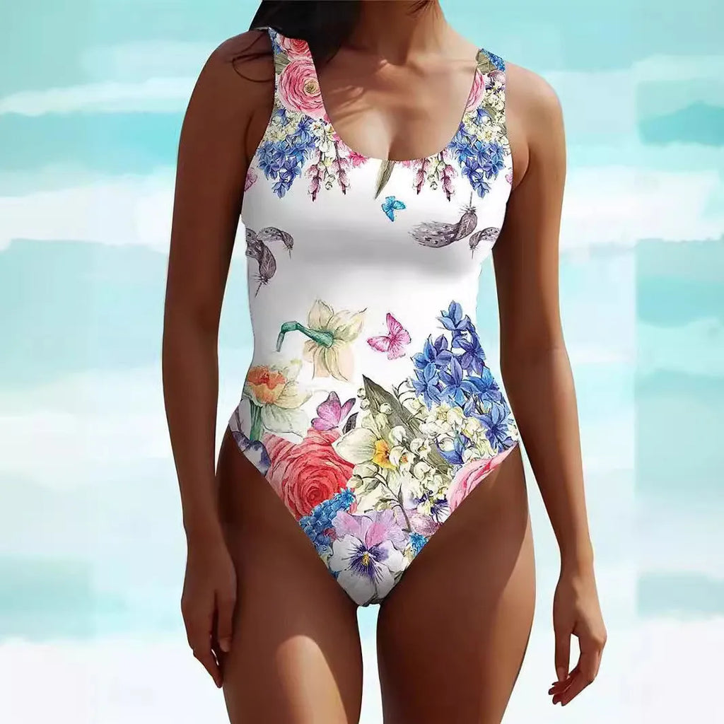 Women's sleeveless Bohemian style swimsuit dress in spandex with artistic retro pattern
