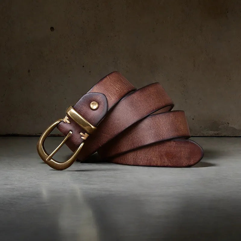 Men's black genuine leather casual belt with a copper pin buckle, showing length adjustment holes.