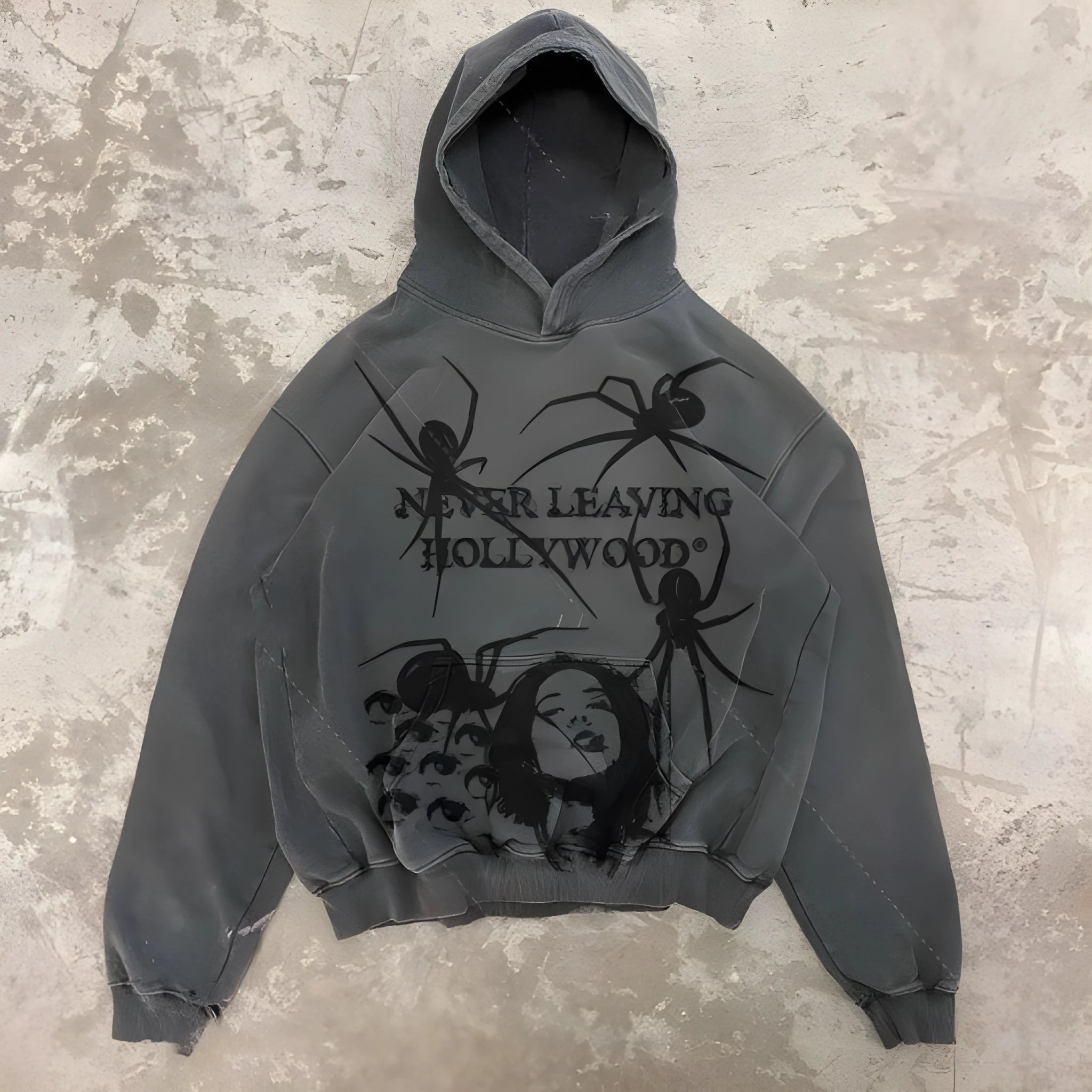 Spider retro loose hoodie for men and women with printed design in dark gray colour