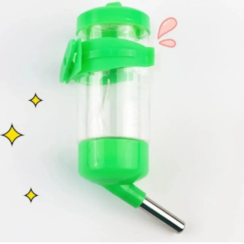Green ball kettle leak-proof water feeder for small pet cages, shown with a 60ml glass tube.