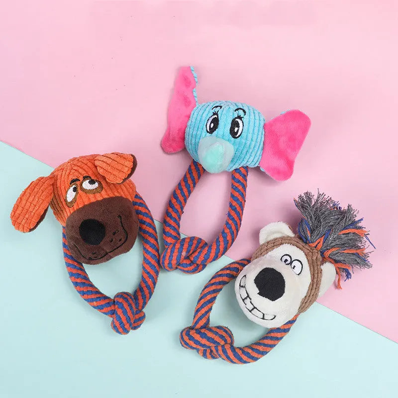 Dog cotton rope toy with sound feature in plush material, styled as a dog, elephant, or monkey