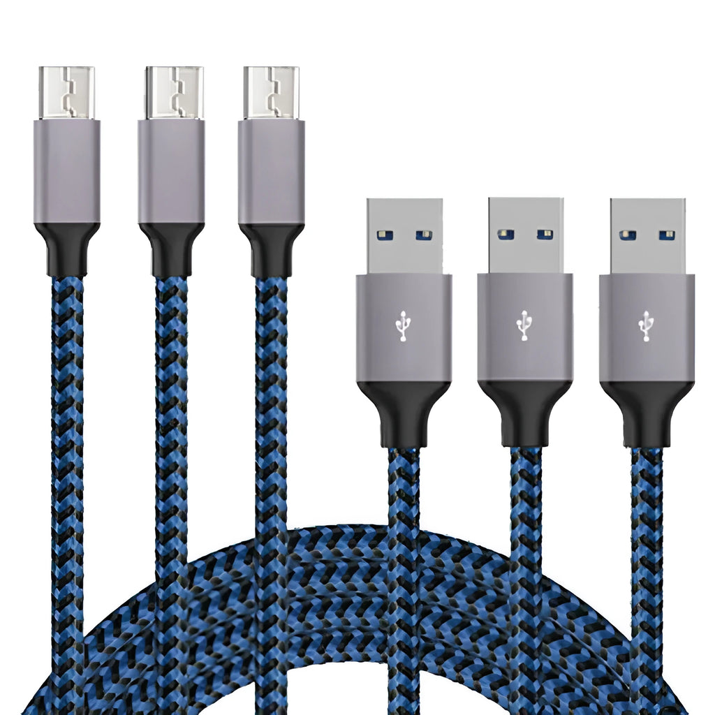 Braided Micro USB fast charging cable for Android phones in black and blue, showing length.