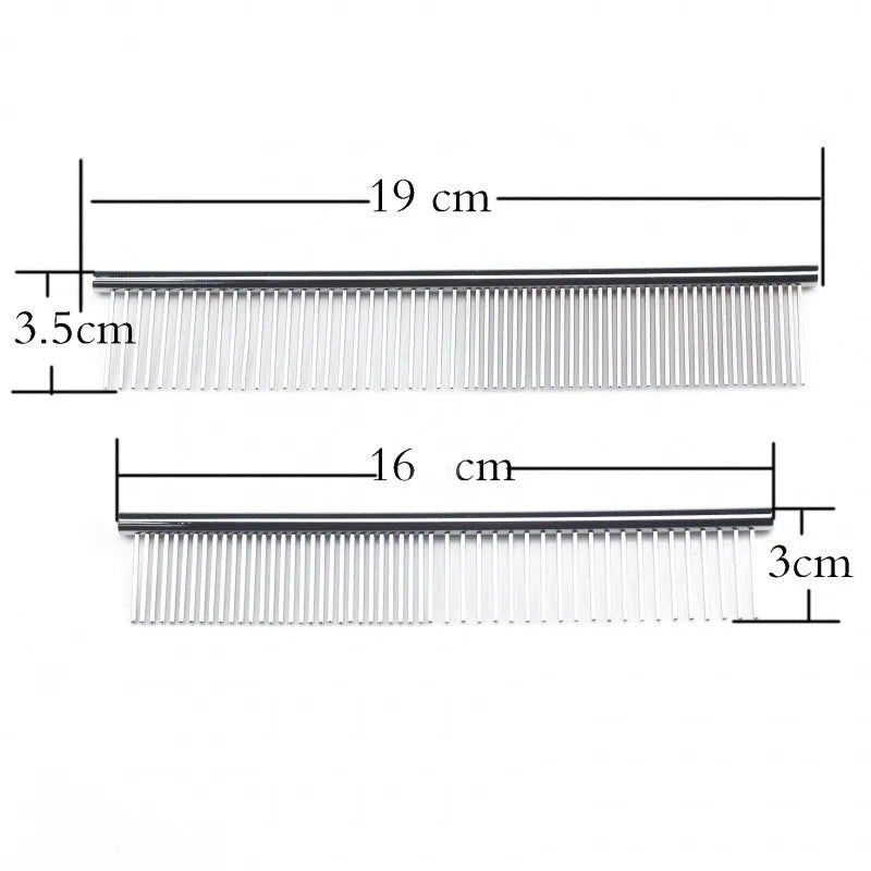 Silver stainless steel straight pet comb in OPP bag, four sizes available for cats and dogs