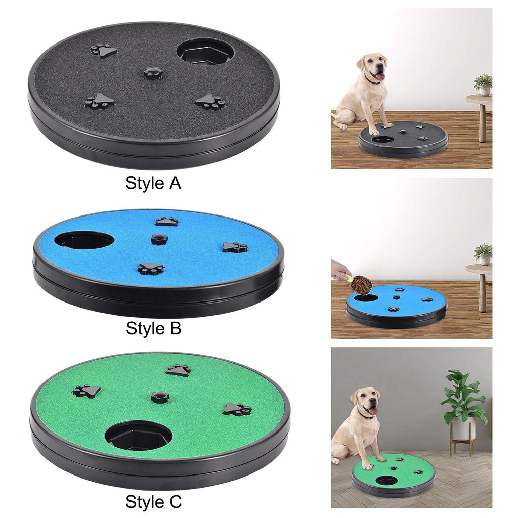 Square blue dog scratch pad with rotating top cover, suction cup base, and raised footprint guides.
