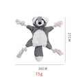 Brown fox dog toy with squeaker in head, crinkle paper body, and rope through arms and legs