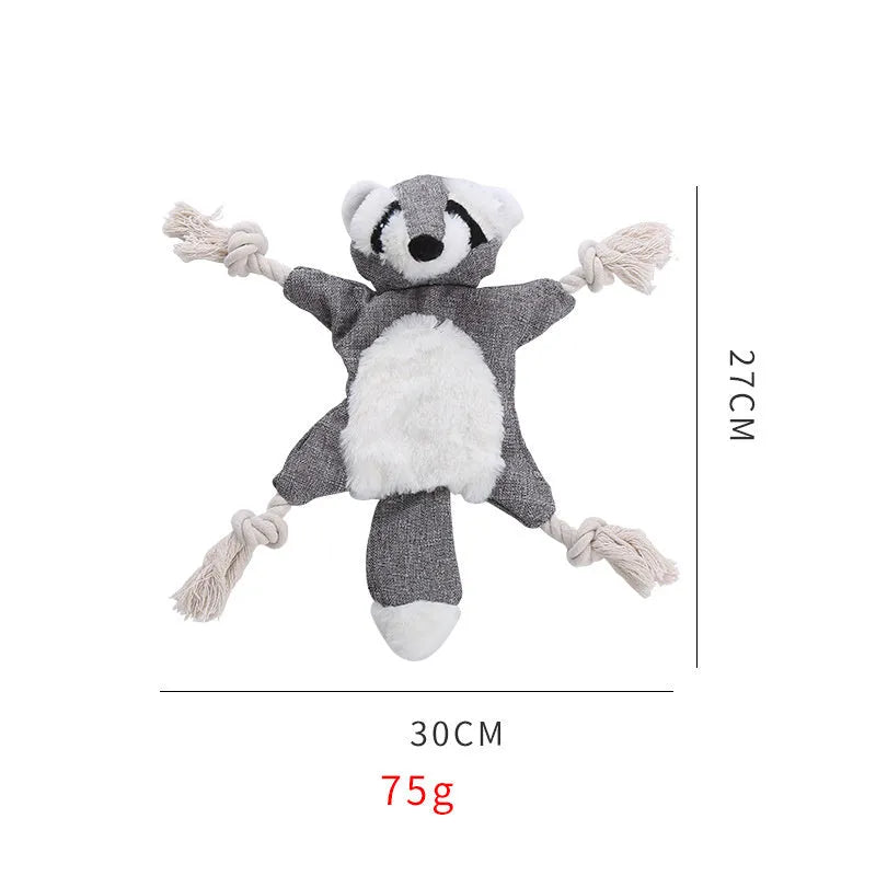 Brown fox dog toy with squeaker in head, crinkle paper body, and rope through arms and legs