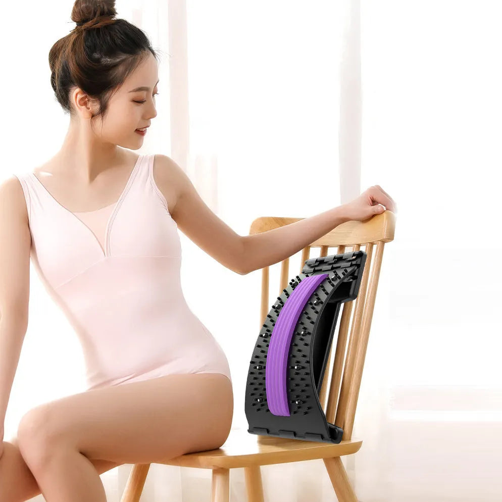 Adjustable manual back stretcher massager with multiple massage heads in a rectangular trapezoid shape.