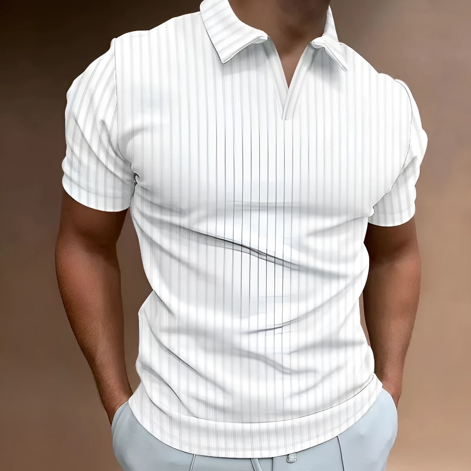 Men's striped V-neck polo shirt in cotton blend fabric for summer sports