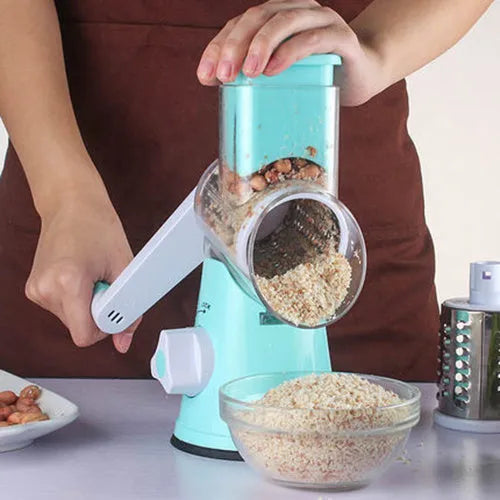Round manual mandoline vegetable slicer with stainless steel blades in blue green red colour options