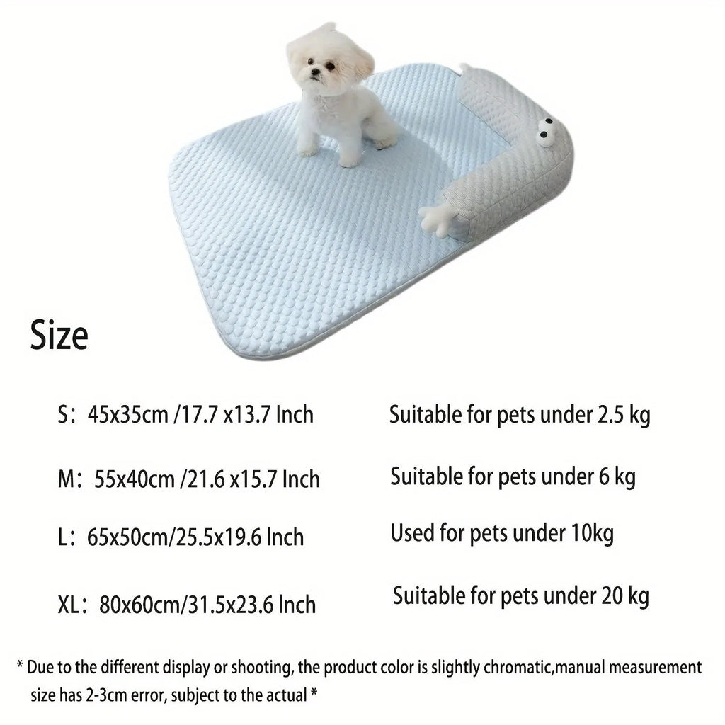 Blue pet bed cushion with big-eyed monster design, non-slip base, for dogs and cats.