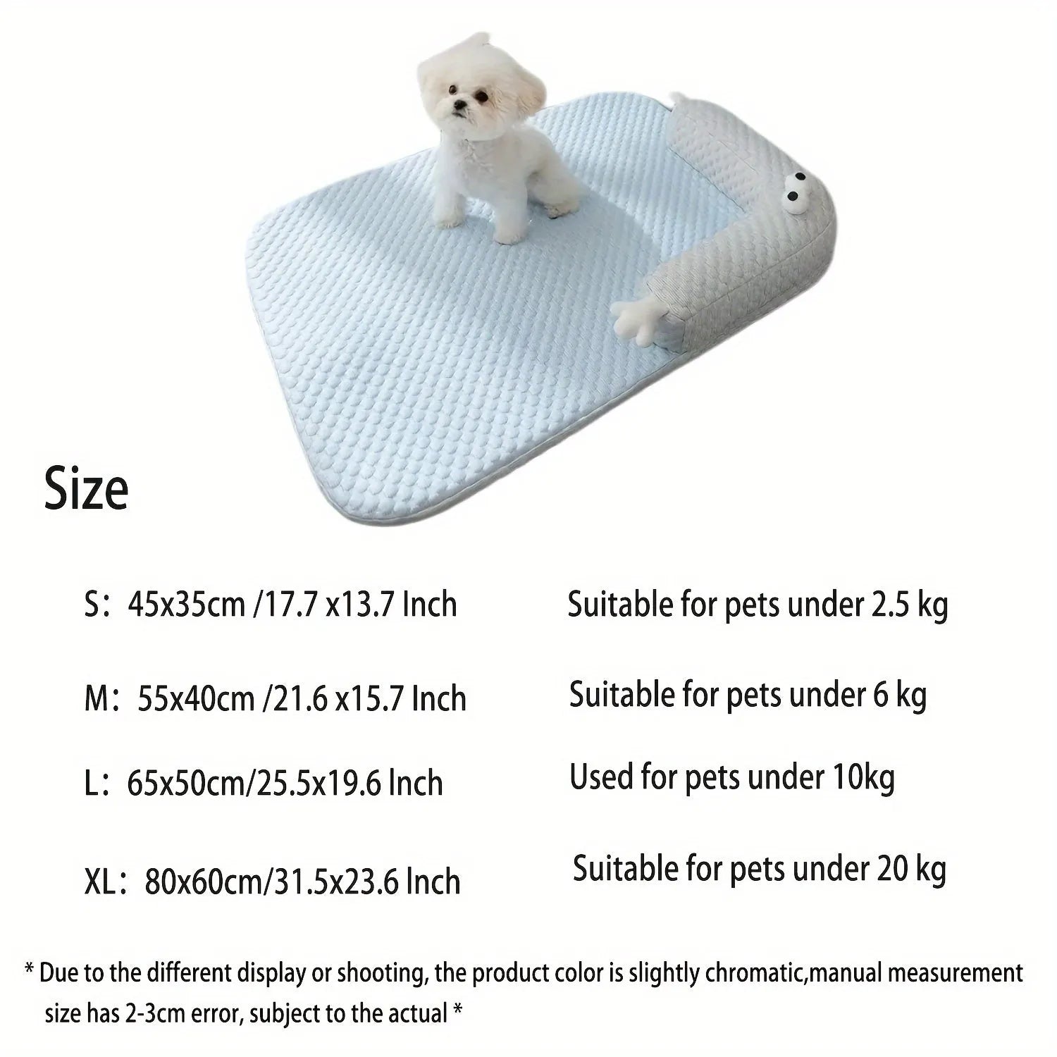 Blue pet bed cushion with big-eyed monster design, non-slip base, for dogs and cats.