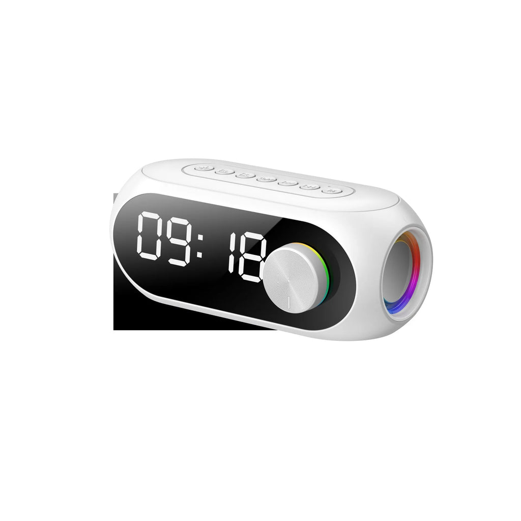 S8 Black portable USB mini clock radio with extra bass on a table.