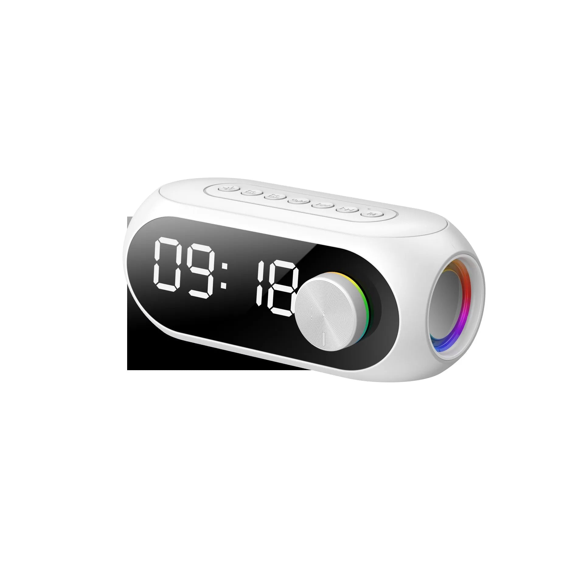 S8 Black portable USB mini clock radio with extra bass on a table.