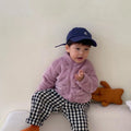 Blue children's sherpa fleece jacket with full zip, high collar, and front pockets.