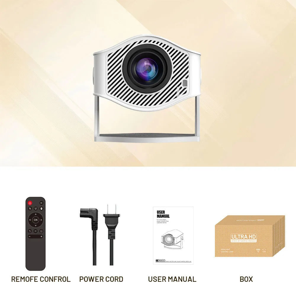 White HM400pro barrel portable projector on a table with 720p resolution and 200 ANSI brightness