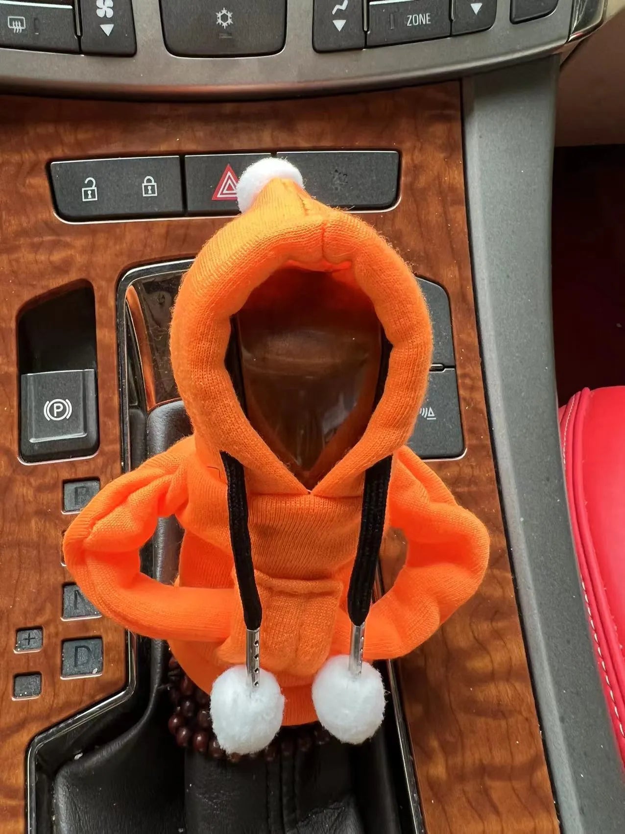 Santa Claus hooded sweatshirt car gear lever cover in pink colour on gear shift
