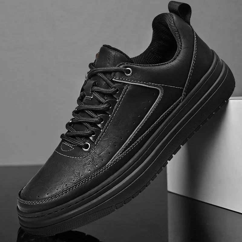 Men's retro genuine cowhide leather lace-up casual shoes in black, round toe, flat heel, rubber sole