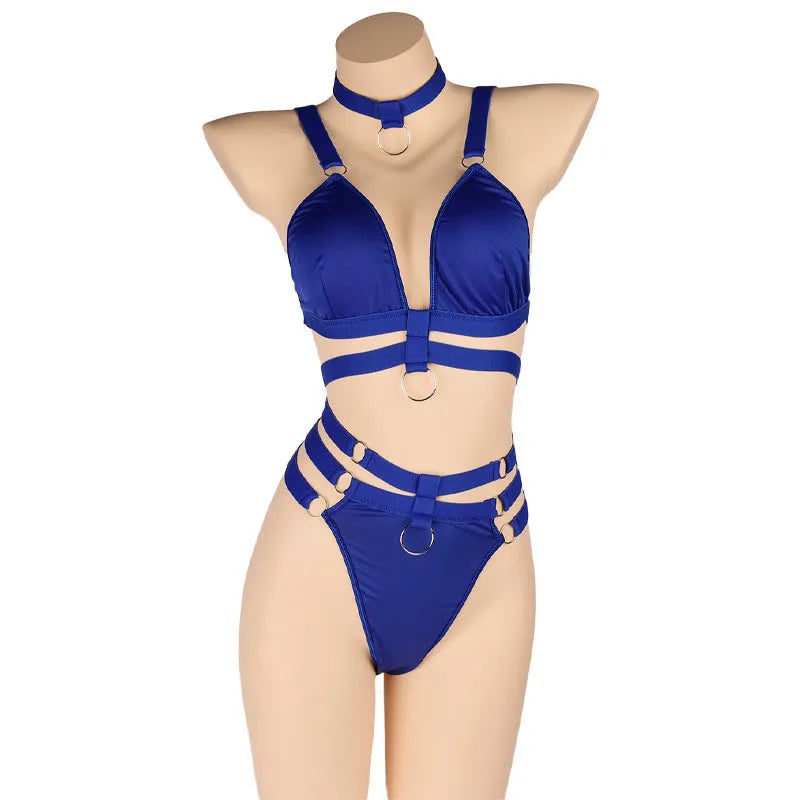 Women's bikini underwear set free size polyester nylon black blue red top and pants