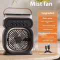 Black portable air cooler with LED lights, water tank, and USB cable on wooden desk