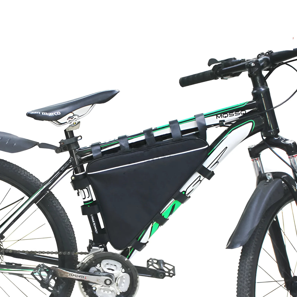 Black Oxford cloth electric bike battery pannier bag, 39x34x26x8cm, for triangle battery and sundries storage.