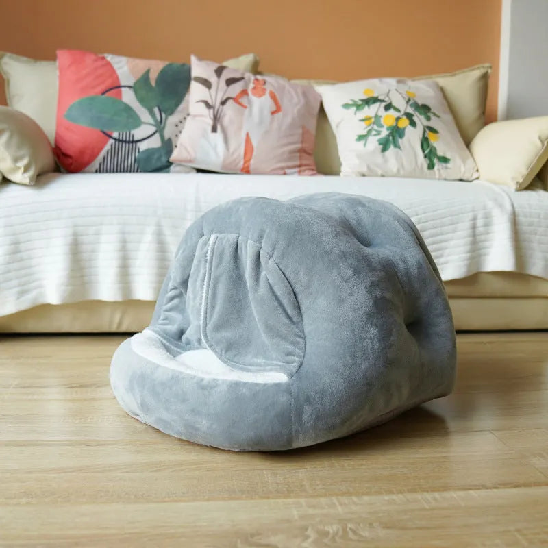 Semi-closed plush cat kennel with door curtain in Gray colour option