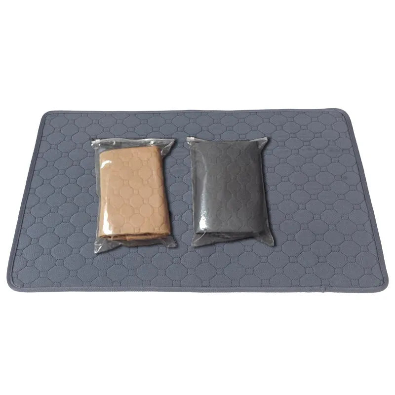 Washable dog pee pads in tan and grey colours showing multiple size options for pet protection