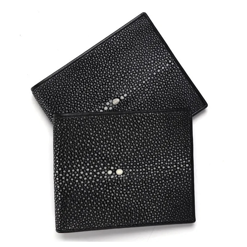Cowhide leather wallet with pearl fishskin lining in horizontal square design