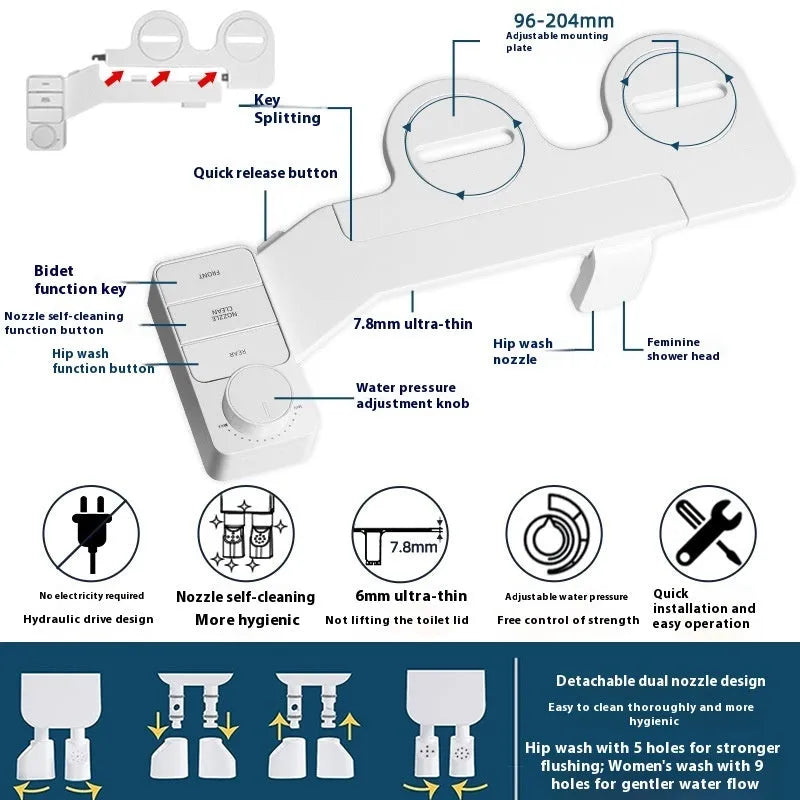 Pure white non-electric button wash rinser tool with detachable nozzle and copper fittings for shower installation.