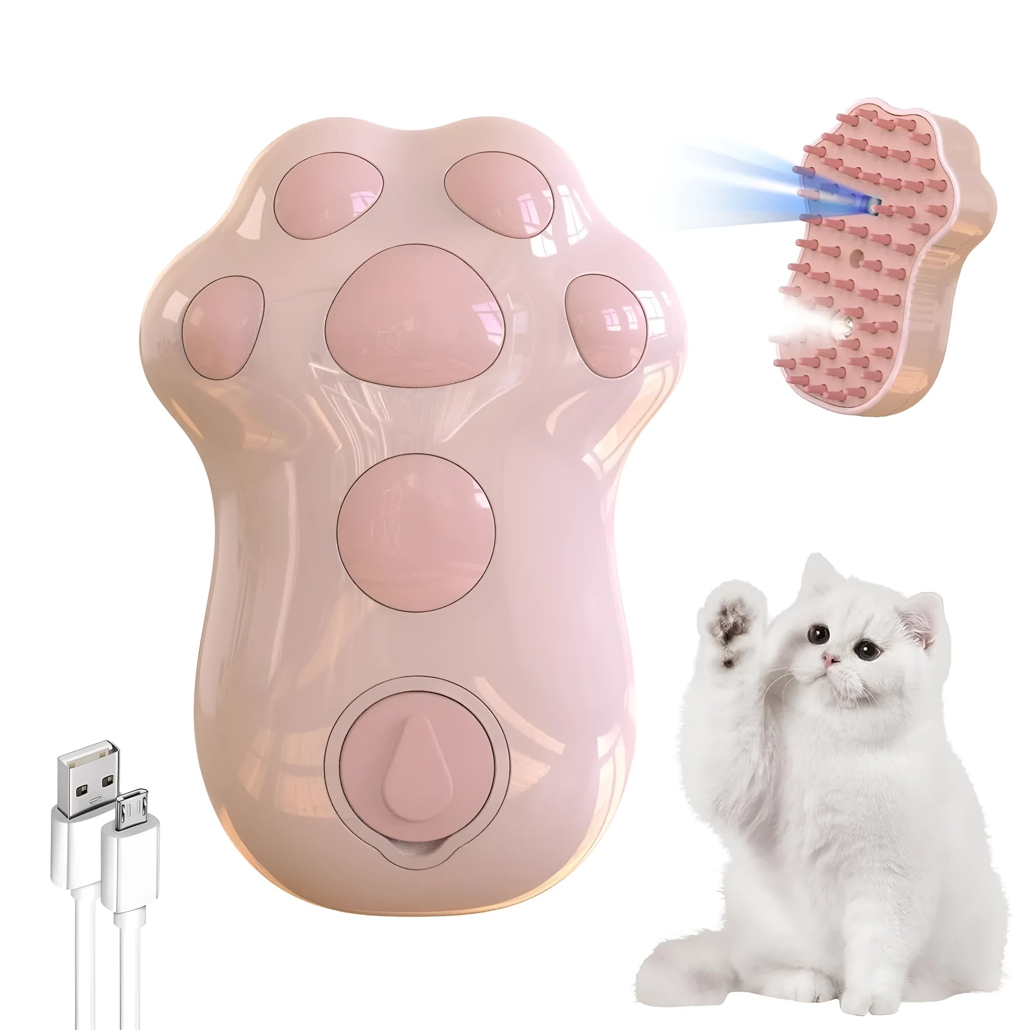 Blue 4-in-1 self-cleaning cat steam brush with silicone bristles and rechargeable spray bottle