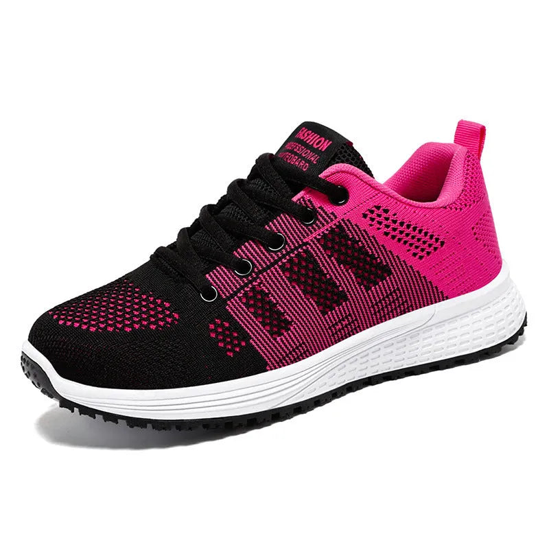 Women's flyknit running shoes with soft sole in black, rose red, or gray pink colours