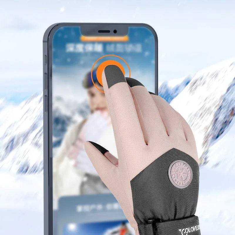 Snowflake cartoon print winter gloves with touchscreen fingertips in purple and grey colour options