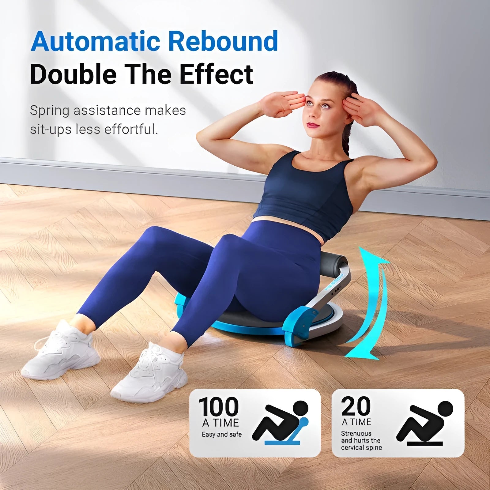 Compact abdominal exercise device in red and sky blue colours for portable core training