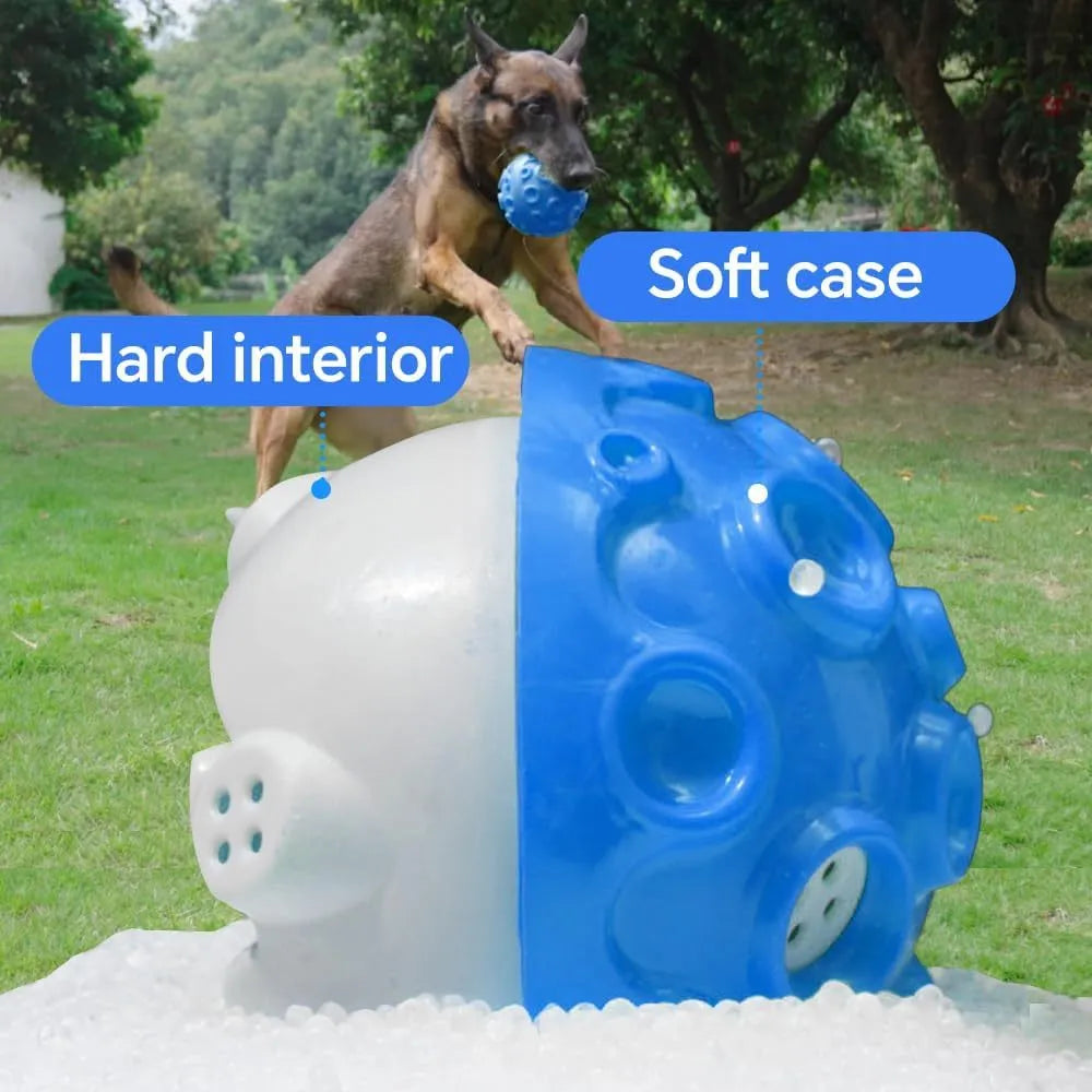 Colourful durable dog chew ball with textured surface and internal squeaker for aggressive chewers