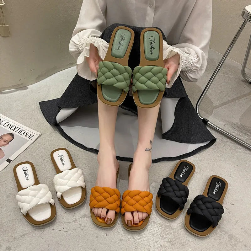 Women's plaid pattern beach sandals with thick anti-skid PVC sole in white, shown from the side.