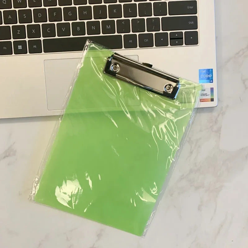Clear plastic A4 plate holder with metal clip showing document inside, available in blue, green, red and white colours