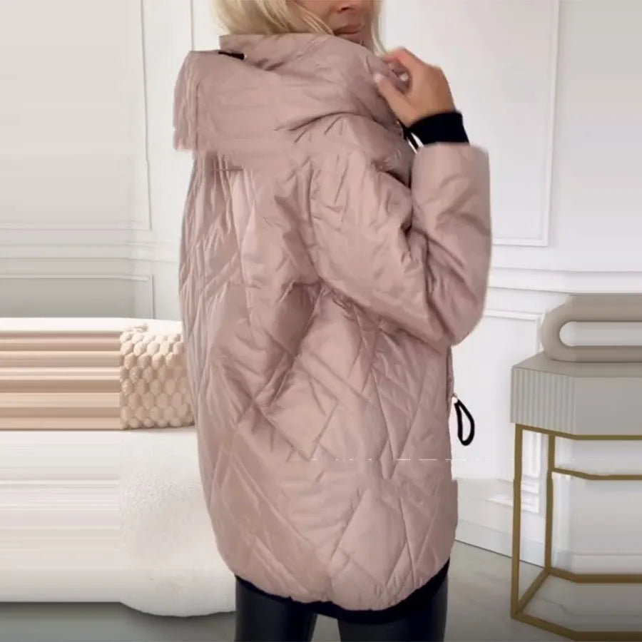 Women's casual hooded coat in black or pink, showing long sleeves and relaxed fit.