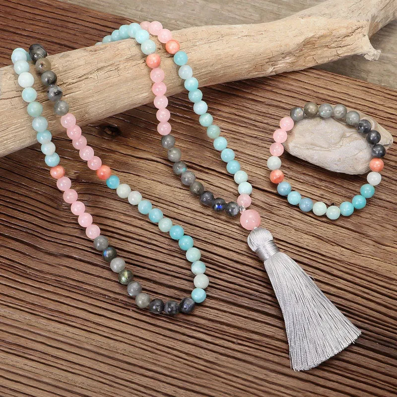 Bohemian 108 colour stone necklace with tassel pendant and matching bracelet on display