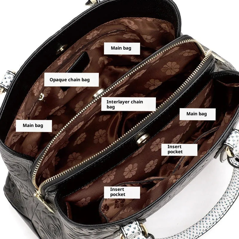 Black genuine leather handbag with embossed finish, horizontal square shape, large capacity, first layer cowhide