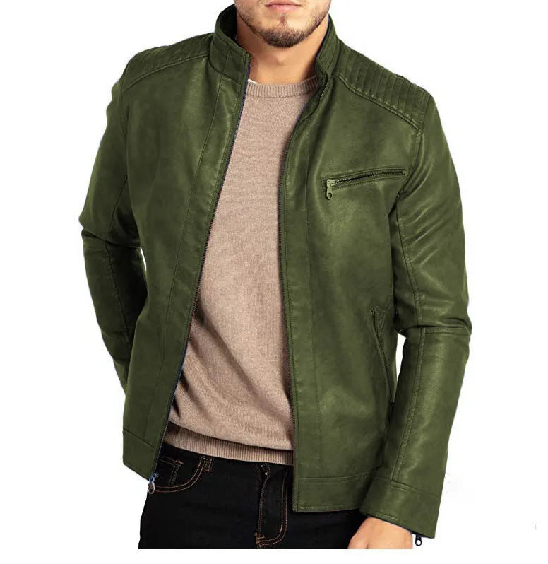 Men's brown artificial leather punk motorcycle jacket with stand collar and patch pocket.