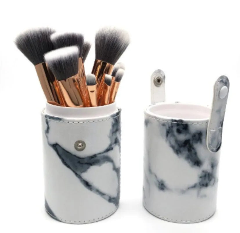 Marble pattern makeup brush set with ten brushes in a matching brush bag
