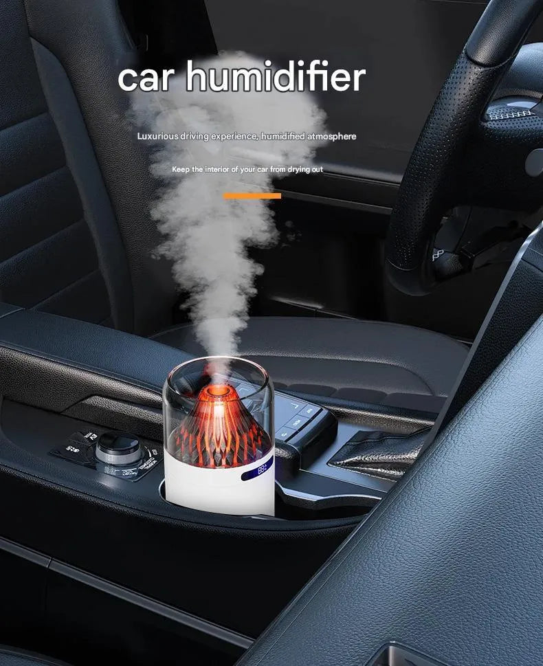Volcano USB humidifier in black with digital display, compact battery-powered design for car and desk use.